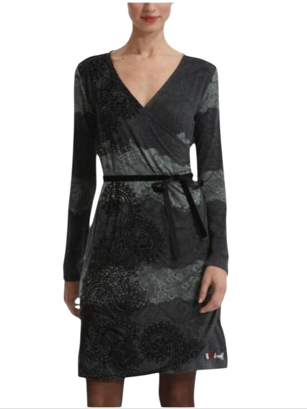 Desigual Black and Gray Printed Faux Wrap-Style Long Sleeve Dress Velvet Aplique